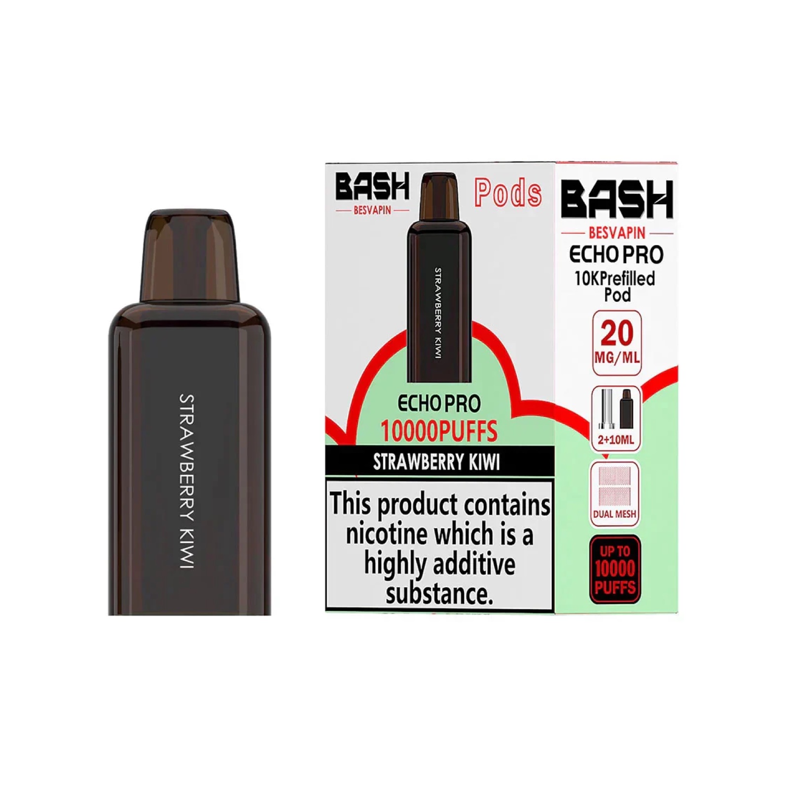 Bash Vape Echo Pro 10K Strawberry Kiwi Replacement Pods - 20mg Nic Salt